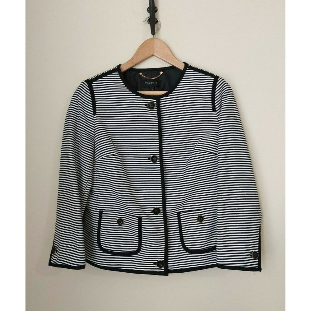 TALBOTS Blazer- Black White Striped Cotton Blend Short Jacket Button Accent
